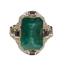 JR0323K - Art Deco Emerald with Diamond and Blue Sapphire Ring Set in 18K Gold Setting