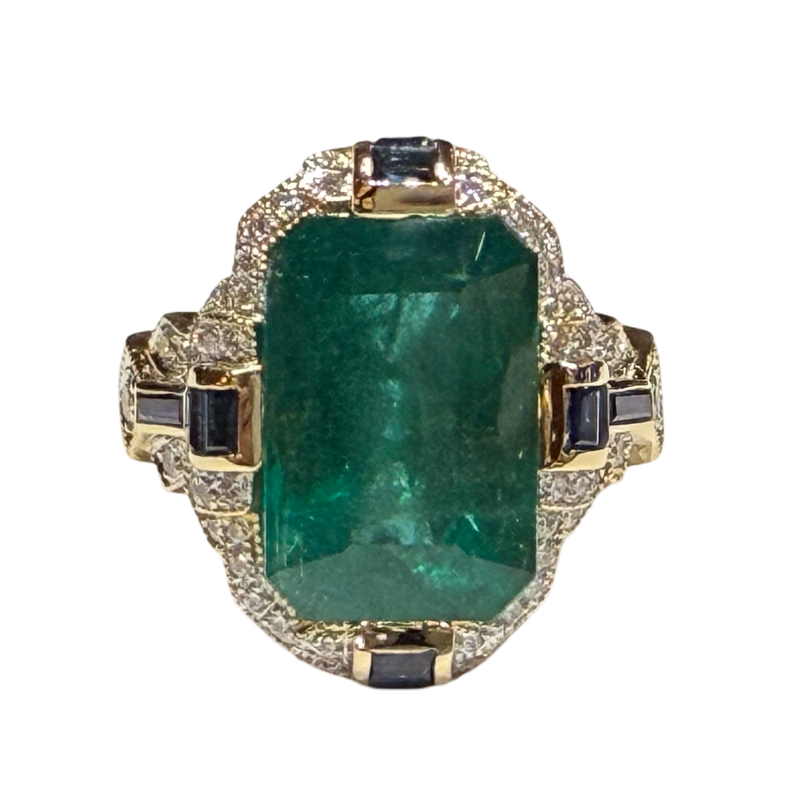 JR0323K - Art Deco Emerald with Diamond and Blue Sapphire Ring Set in 18K Gold Setting