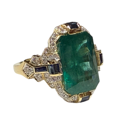 JR0323K - Art Deco Emerald with Diamond and Blue Sapphire Ring Set in 18K Gold Setting
