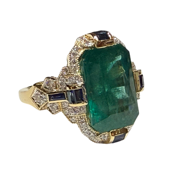 JR0323K - Art Deco Emerald with Diamond and Blue Sapphire Ring Set in 18K Gold Setting