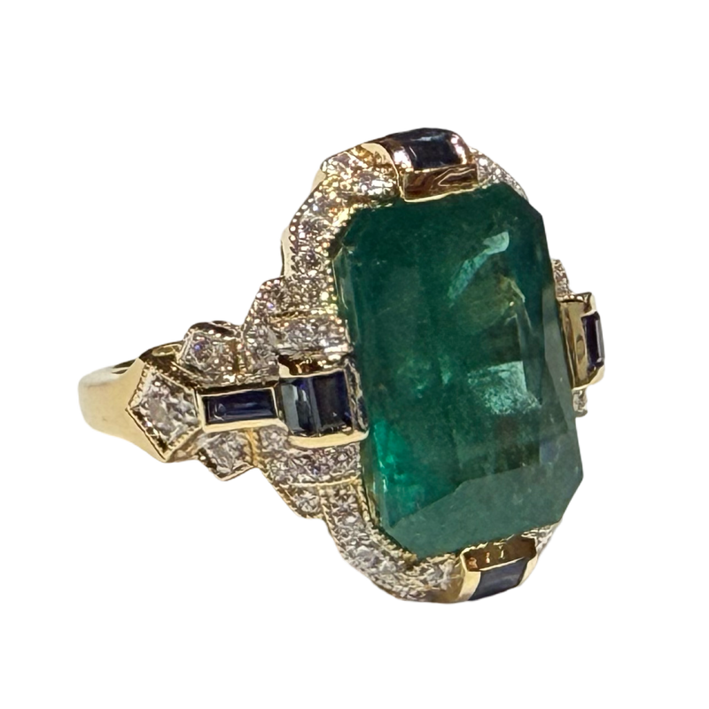 JR0323K - Art Deco Emerald with Diamond and Blue Sapphire Ring Set in 18K Gold Setting