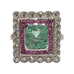 JR0335K - Art Deco Style Emerald with Pink Sapphire & Diamond Ring Set in 18K White Gold Setting