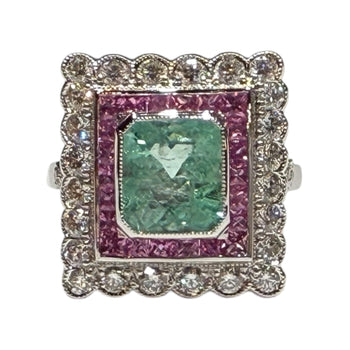 JR0335K - Art Deco Style Emerald with Pink Sapphire & Diamond Ring Set in 18K White Gold Setting