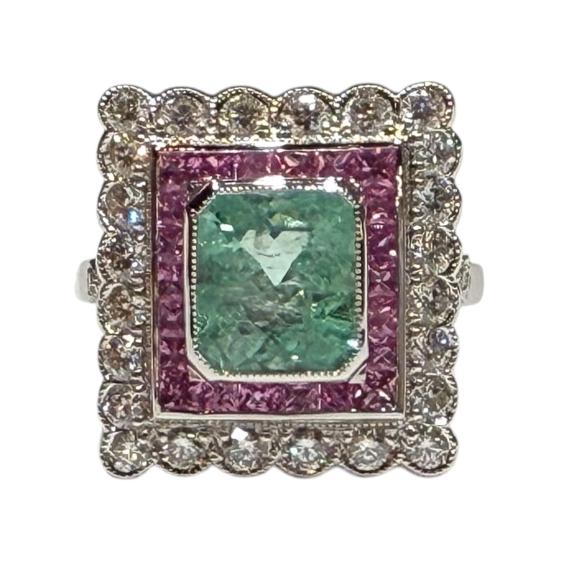 JR0335K - Art Deco Style Emerald with Pink Sapphire & Diamond Ring Set in 18K White Gold Setting