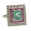 JR0335K - Art Deco Style Emerald with Pink Sapphire & Diamond Ring Set in 18K White Gold Setting