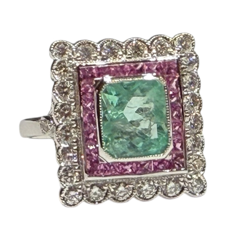 JR0335K - Art Deco Style Emerald with Pink Sapphire & Diamond Ring Set in 18K White Gold Setting