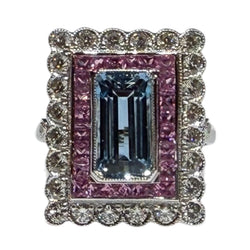 JR0336K - Art Deco Style Aquamarine with Pink Sapphire & Diamond Ring Set in 18K White Gold Setting