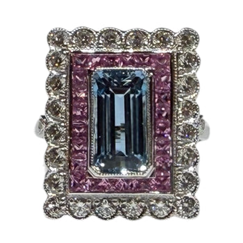 JR0336K - Art Deco Style Aquamarine with Pink Sapphire & Diamond Ring Set in 18K White Gold Setting