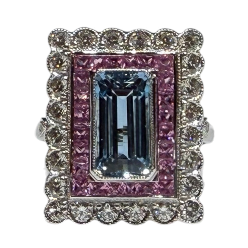 JR0336K - Art Deco Style Aquamarine with Pink Sapphire & Diamond Ring Set in 18K White Gold Setting