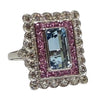 JR0336K - Art Deco Style Aquamarine with Pink Sapphire & Diamond Ring Set in 18K White Gold Setting