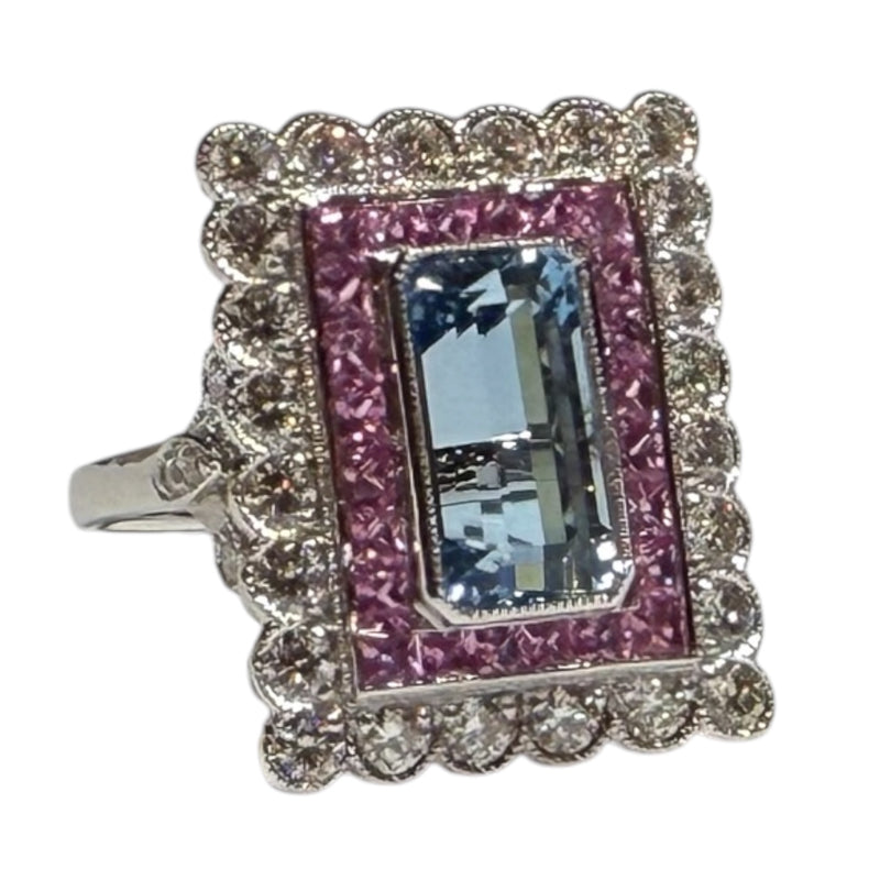 JR0336K - Art Deco Style Aquamarine with Pink Sapphire & Diamond Ring Set in 18K White Gold Setting