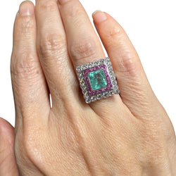 JR0335K - Art Deco Style Emerald with Pink Sapphire & Diamond Ring Set in 18K White Gold Setting