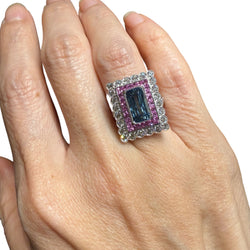 JR0336K - Art Deco Style Aquamarine with Pink Sapphire & Diamond Ring Set in 18K White Gold Setting