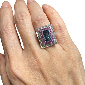 JR0336K - Art Deco Style Aquamarine with Pink Sapphire & Diamond Ring Set in 18K White Gold Setting