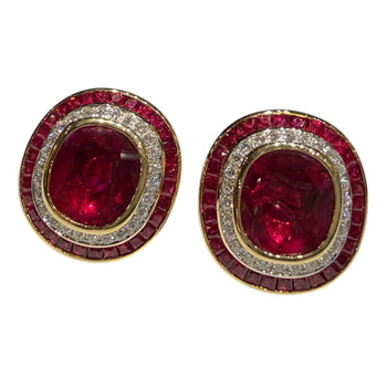 JE0236K - Cushion Cut Ruby with Diamond Earrings Set in 18K Gold Setting