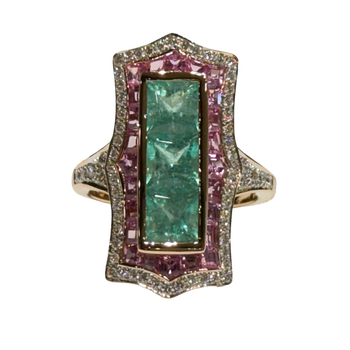 JR0348K - Art Deco Emerald, Pink Sapphire, and Diamond Ring Set in 18K Rose Gold Setting
