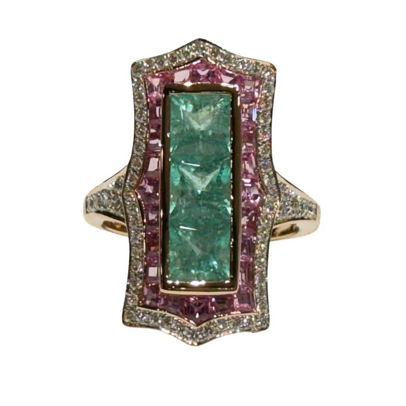JR0348K - Art Deco Emerald, Pink Sapphire, and Diamond Ring Set in 18K Rose Gold Setting