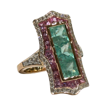 JR0348K - Art Deco Emerald, Pink Sapphire, and Diamond Ring Set in 18K Rose Gold Setting