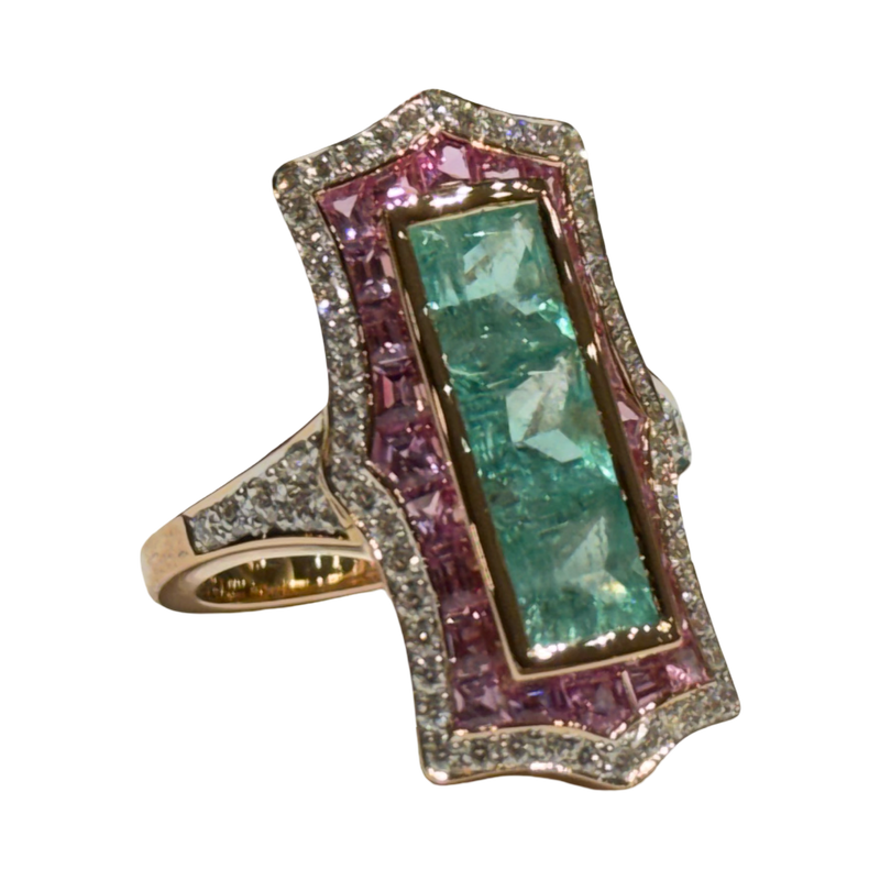 JR0348K - Art Deco Emerald, Pink Sapphire, and Diamond Ring Set in 18K Rose Gold Setting