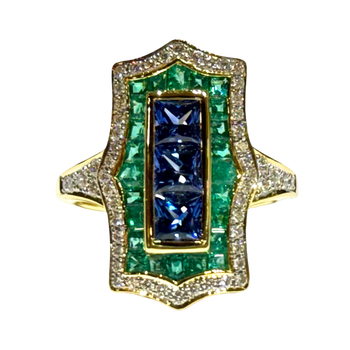 JR0349K - Art Deco Blue Sapphire, Emerald, and Diamond Ring Set in 18K Gold Setting