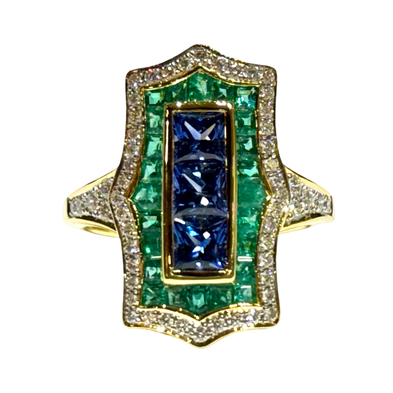 JR0349K - Art Deco Blue Sapphire, Emerald, and Diamond Ring Set in 18K Gold Setting
