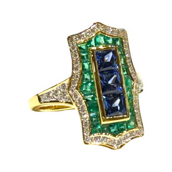 JR0349K - Art Deco Blue Sapphire, Emerald, and Diamond Ring Set in 18K Gold Setting