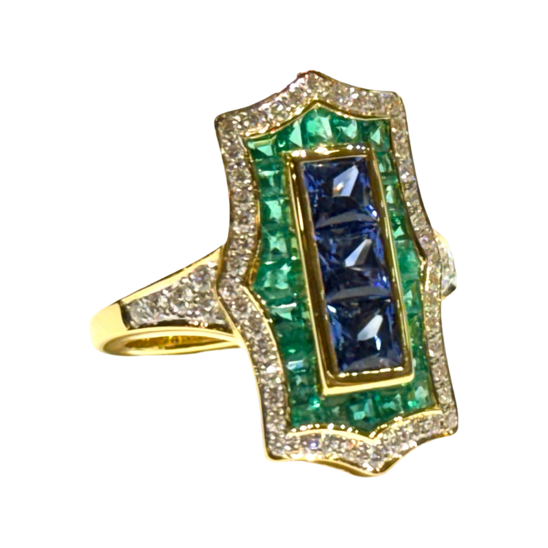 JR0349K - Art Deco Blue Sapphire, Emerald, and Diamond Ring Set in 18K Gold Setting