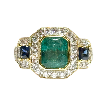 JR0350K - Emerald, Blue Sapphire, and Diamond Ring Set in 18K Gold Setting
