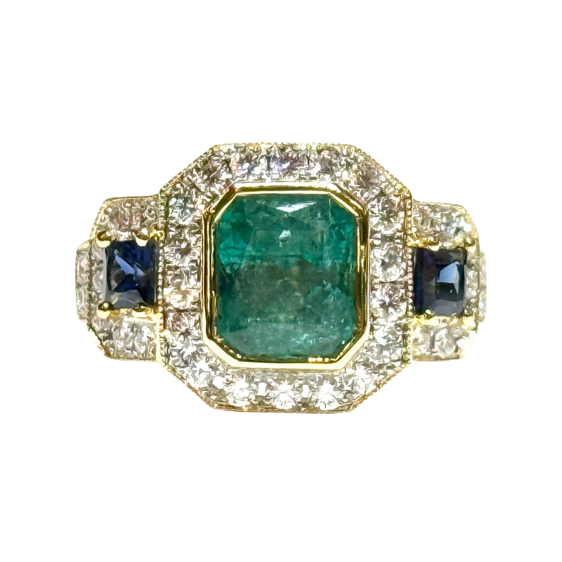 JR0350K - Emerald, Blue Sapphire, and Diamond Ring Set in 18K Gold Setting