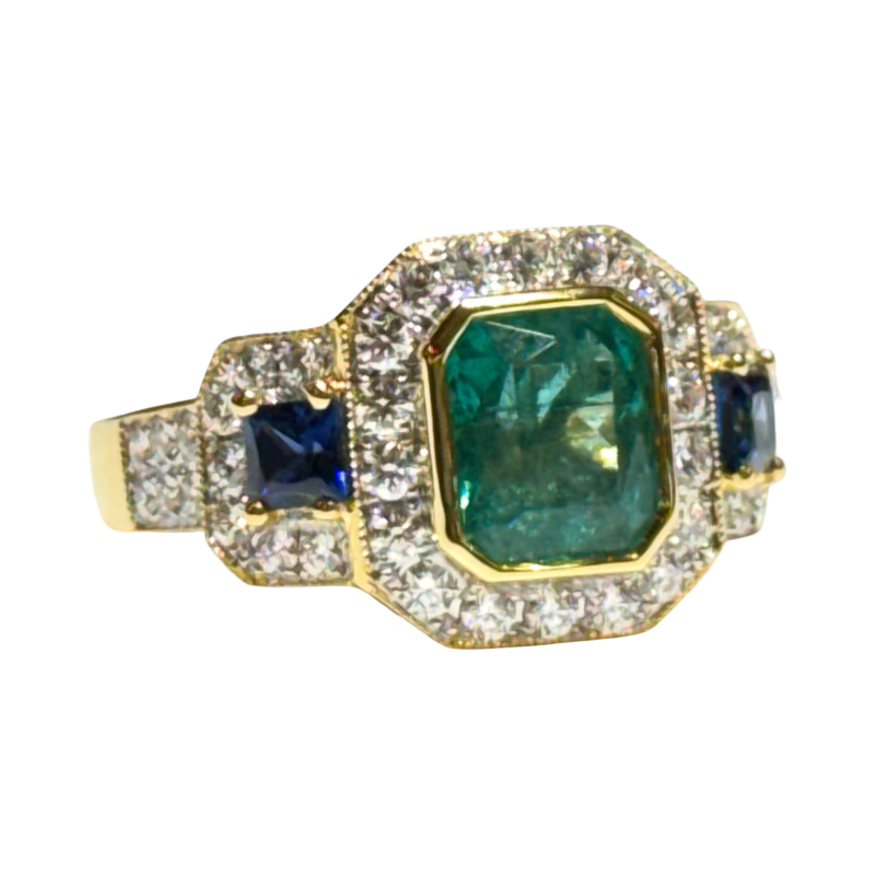 JR0350K - Emerald, Blue Sapphire, and Diamond Ring Set in 18K Gold Setting