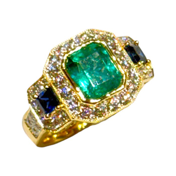 JR0350K - Emerald, Blue Sapphire, and Diamond Ring Set in 18K Gold Setting