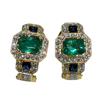 JE0245K - Emerald, Blue Sapphire, and Diamond Earrings Set in 18K Gold Setting