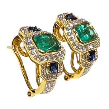 JE0245K - Emerald, Blue Sapphire, and Diamond Earrings Set in 18K Gold Setting