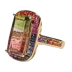 JR0359K - Watermelon Tourmaline with Multi-Sapphire Ring Set in 18K Rose Gold Setting