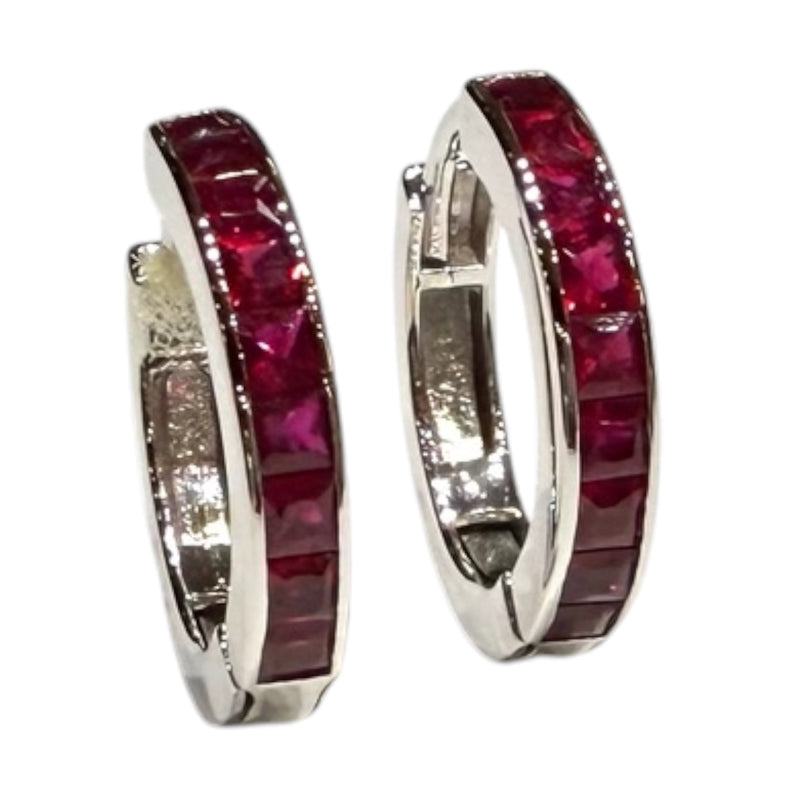 JE0252K - Ruby Hoop Earrings Set in 18K White Gold Setting