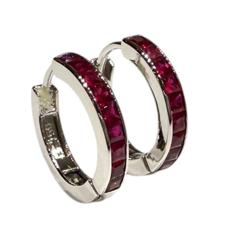 JE0252K - Ruby Hoop Earrings Set in 18K White Gold Setting