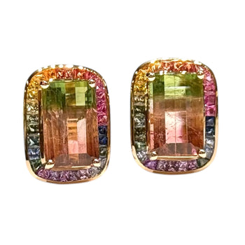JE0266K - Watermelon Tourmaline with Multi-Sapphire Earrings Set in 18K Rose Gold Setting