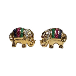 JE0264K - Blue Sapphire, Ruby, Emerald with Diamond Elephant Earrings Set in 14K Gold Setting