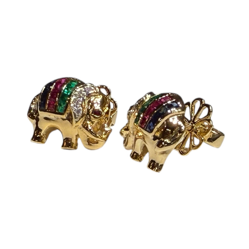JE0264K - Blue Sapphire, Ruby, Emerald with Diamond Elephant Earrings Set in 14K Gold Setting