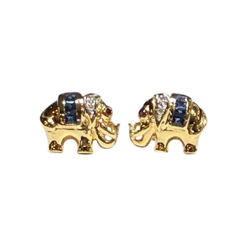 JE0262K - Blue Sapphire, Ruby, with Diamond Elephant Earrings Set in 14K Gold Setting