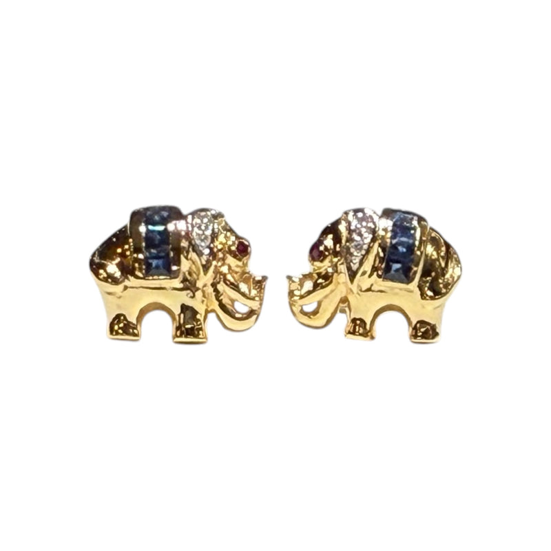 JE0262K - Blue Sapphire, Ruby, with Diamond Elephant Earrings Set in 14K Gold Setting