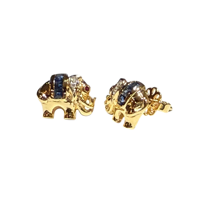 JE0262K - Blue Sapphire, Ruby, with Diamond Elephant Earrings Set in 14K Gold Setting