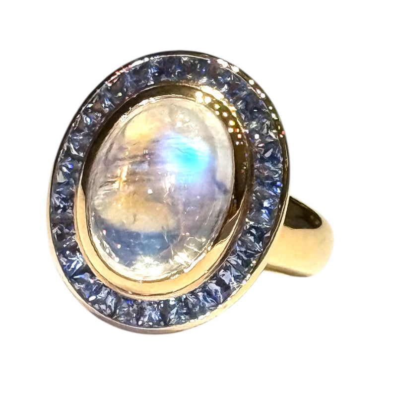 JR1031RK - Rainbow Moonstone with Pastel Blue Sapphire Ring Set in 18K Rose Gold Setting