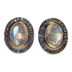 JE0710R - Rainbow Moonstone with Pastel Blue Sapphire Earrings Set in 18K Rose Gold Setting