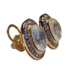 JE0710R - Rainbow Moonstone with Pastel Blue Sapphire Earrings Set in 18K Rose Gold Setting