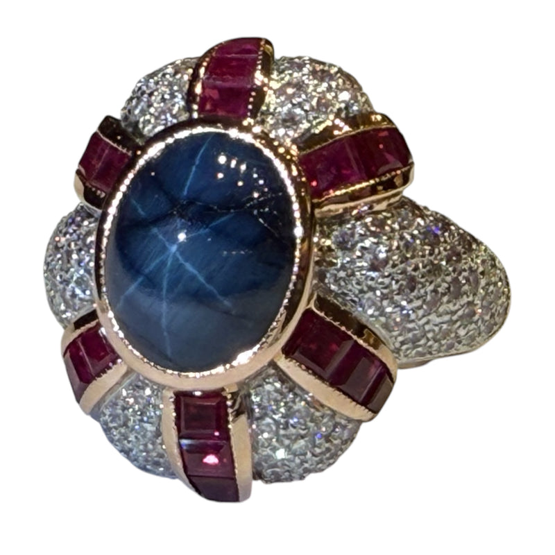 JR0366K - Blue Star Sapphire, Ruby, and Diamond Ring Set in 18K Rose Gold Setting