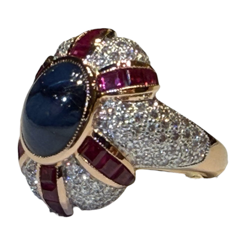 JR0366K - Blue Star Sapphire, Ruby, and Diamond Ring Set in 18K Rose Gold Setting