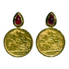 JE0713NK - Gold Coin with Cabuchon Ruby Earrings Set in 18K Gold Setting