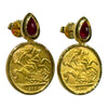 JE0713NK - Gold Coin with Cabuchon Ruby Earrings Set in 18K Gold Setting