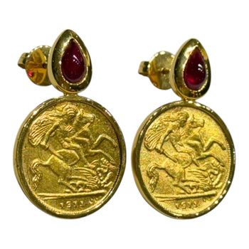 JE0713NK - Gold Coin with Cabuchon Ruby Earrings Set in 18K Gold Setting